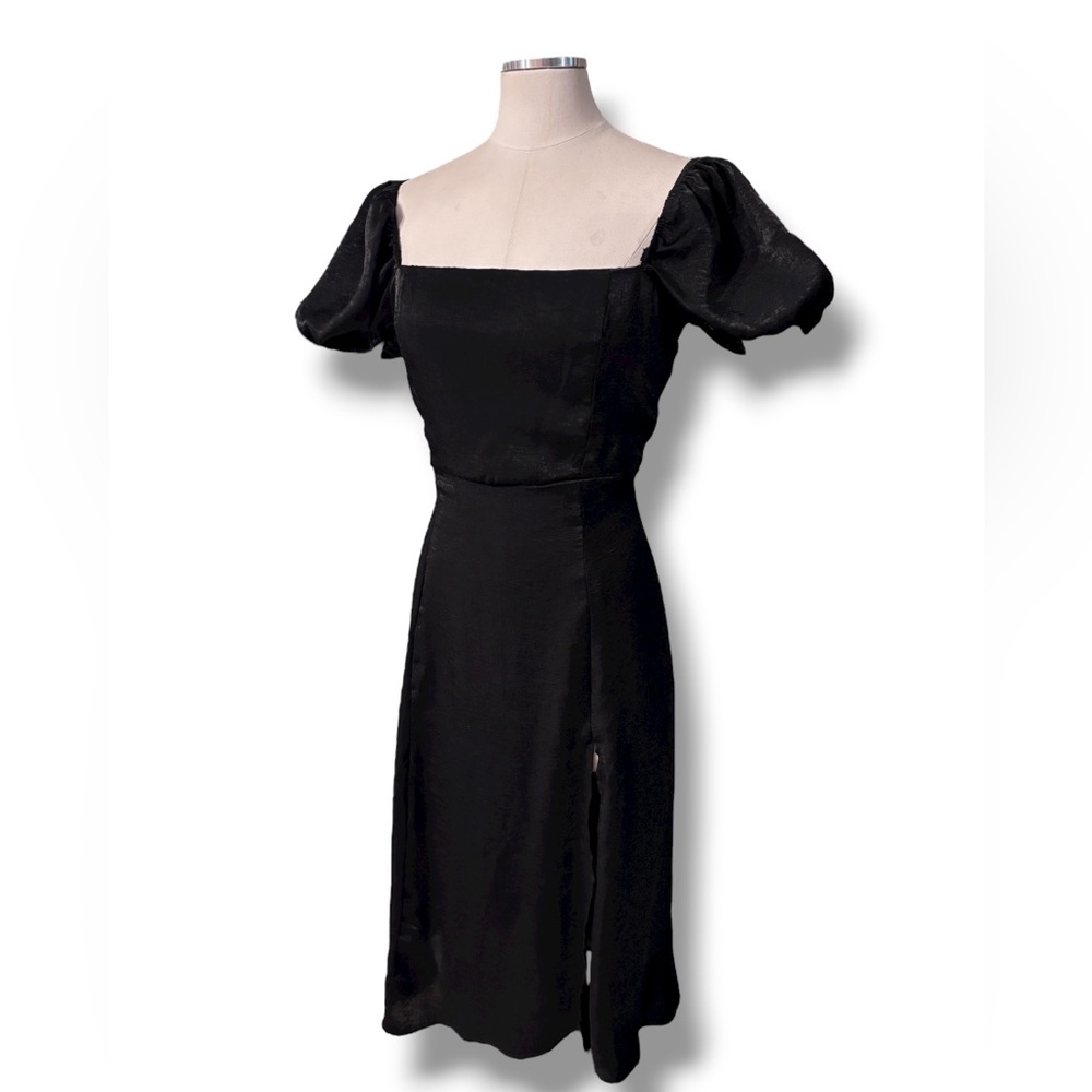 FRANCESCA’S x MI AMI Black Tabitha Satin Puff Sleeve Midi Dress Size Medium